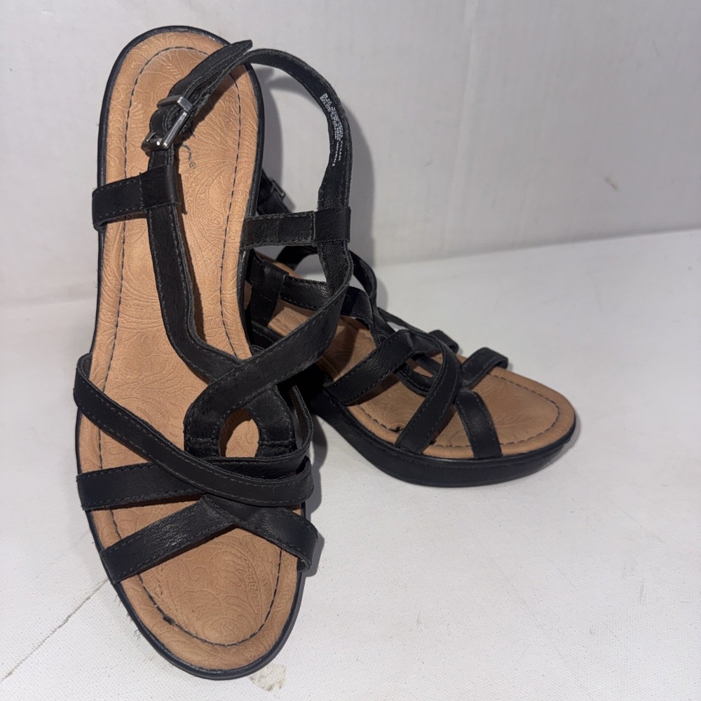 BOC Black Faux Leather Minimalist Classic Strappy Wedge Platform Sandals Heels 8